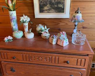 2-drawer console table - vintage, with Fitz and Floyd present boxes, and porcelain dishes