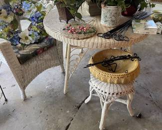 Vintage white wicker round table, 2 white wicker chairs and side table, faux pants and MCM hanging planter with iron bracket