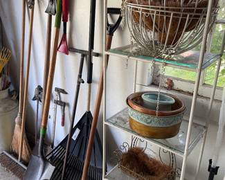Yard tools and planter, vintage plant stand