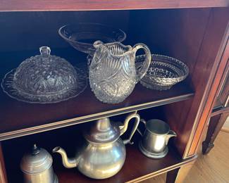 Pewter tea set, butter dish, glass cream pitcher and dishes