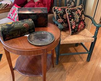 Round table with lower tier and Asian chair with Rush seat