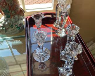 Waterford and Orrefors crystal candle holders and pair of Asian trays