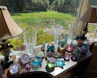 Large Waterford vases, colored glass paperweights, matching table lamps