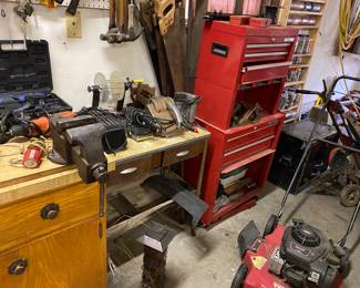 Craftsman rolling tool chest, push mower, vice