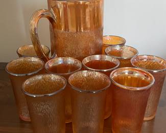 jeannette marigold carnival glass tree bark pitcher and glasses