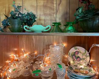 wexford pitcher and creamer/sugar - made in italy hand painted fruit plates - uranium glass