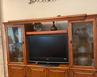 Oak Entertainment center, TV, vintage crystal
