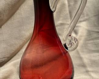 Red Ombre scroll handle Italian art glass vase.