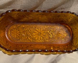 Vintage oblong amber Indiana Glass candy dish.