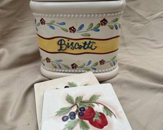 Nonni's Biscotti jar. Hand painted KIC Fresh Fruit tile/trivet.