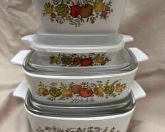 Vintage Corningware Spice of Life lidded casserole dishes.