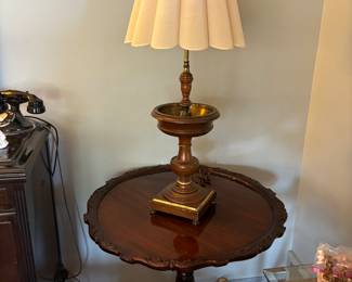 Antique pie top table, lamp