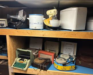 Vintage record players, typewriter, mixer, bread maker