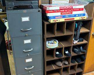 Filing cabinets, VCR, vintage games, storage cubbies 
