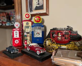 Model gas pumps, cars