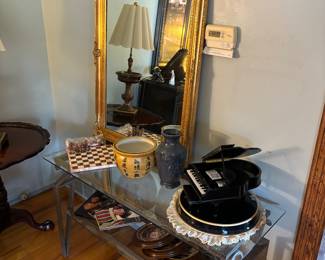 Glass two tier table, gold mirror