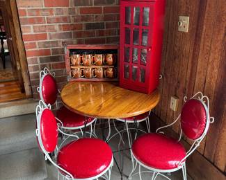 Soda fountain table and chairs, phone booth glass storage