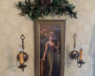 Victorian framed print, wall sconces 