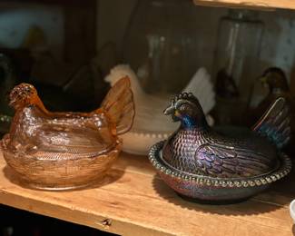 Indiana glass carnival glass and milk glass chickens