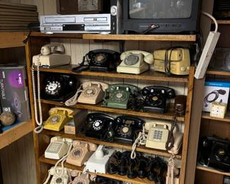 Vintage rotary phones, tv, VCR/DVD combo, radios