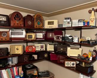 100's of antique radios (most serviced and working), RCA record player, Crosley, Motorola, Philco, Hersheys Syrup, Tropicana orange juice, Malibu rum, Zenith