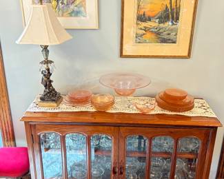 Beautiful rosewood Cabinet, depression glass, lamp, artwork