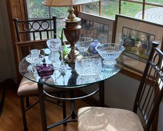 Cute glass top table and chairs, crystal dishes, lamp