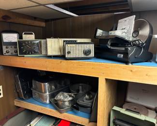 Antique radios, cooking pans, meat slicer 