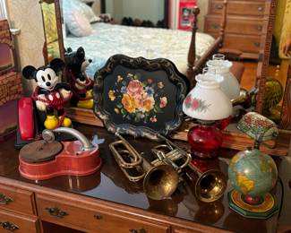 Marx tin globe, trumpets, record players, oil lamp, stained glass desk lamp