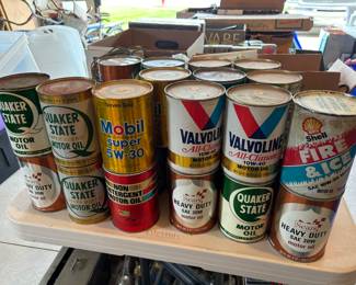 Vintage cans of oil, Mobil, Shell, Quaker State