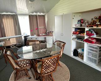 Rattan table and chairs.  Sewing table.