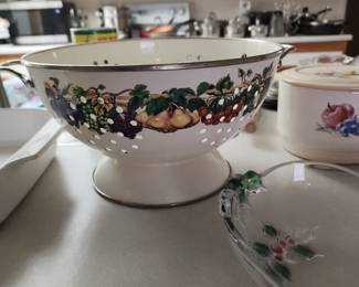  Enamel Colander, White, Floral Painting, Fruit.