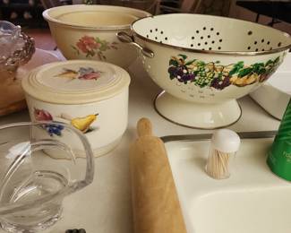 Vintage Cornucopia Enamel and Brass Colander Strainer