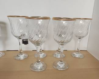 Clear Spiral Wine or Water Goblets with Gold Rim. Set of Six
