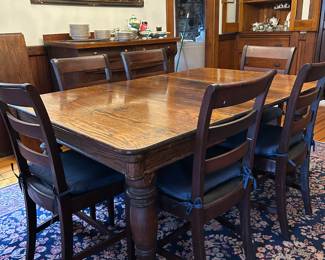 Oak farmhouse dining table - 5 leaves            Set of 6 chairs - sold separately CHAIRS SOLD