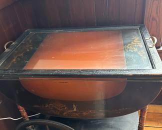 Antique Chinoiserie Hand Painted Rolling Serving Cart - as is