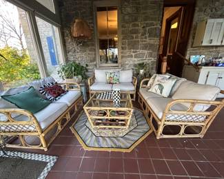 Vintage Mid Century Bamboo Settee and Coffee Table Set - 4 piece set