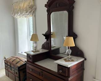 Antique Renaissance Revival Walnut & Marble Drop Center Mirrored Dresser, c1880