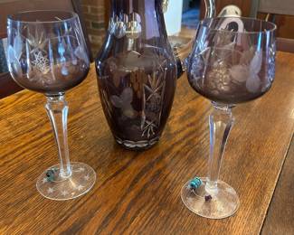Amethyst Purple Cut to Clear Bohemian Wine Glasses And Decanter 