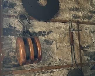 Antique Vintage Large Double Block & Tackle Pulley, Antique Chestnut Roaster, Bellhousing Backing Plate