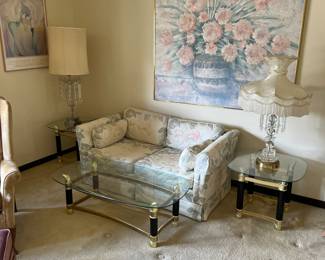 Vintage Loveseat 
Vintage Italian Brass Horn and Glass Top Coffee Table and (2) Matching End Tables 
Vintage Crystal Chandelier Table Lamps 