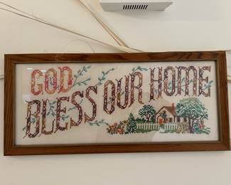 Vintage Cross Stitch “God Bless Our Home” Framed 