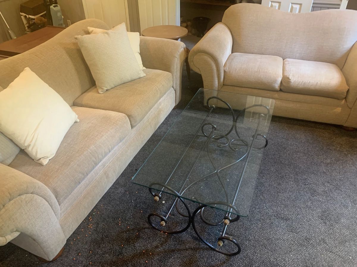 Sofa, love seat and coffee table.  In good condition.  