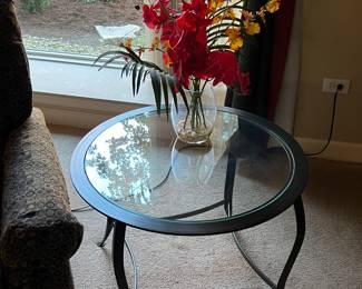 Round Glass and Wrought Iron Side Table