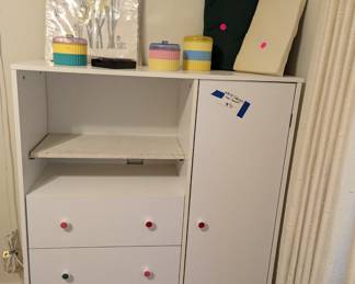 $70 - White Cabinet - with 2 shelves, 3 drawers, and tall side unit on right. 40.5z' wide, 14.75" deep, 48.25" tall.