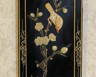Vintage Chinese Black Lacquered Panel With Applied Carved Hard Stones
