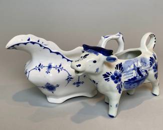 Blue And White Serving Pieces, Including: A Delft Cow Pitcher & Allertons "Stockholm" Gray Boat
