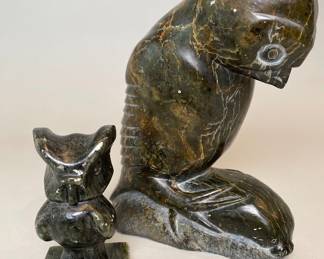 Dennis Labbe Inuit Stone Carved Owl Sculpture With Alaskan Inuit Stone Carved Owl, 20th Century
