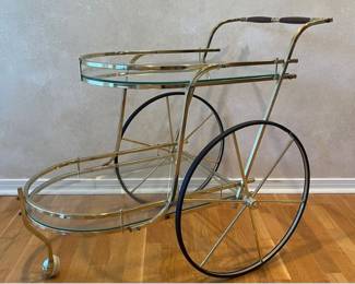 Italian Mid Century Brass And Glass Rolling Bar Cart
