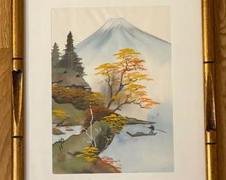 Vintage Chinese Fishing Scene Painted On Fabric
